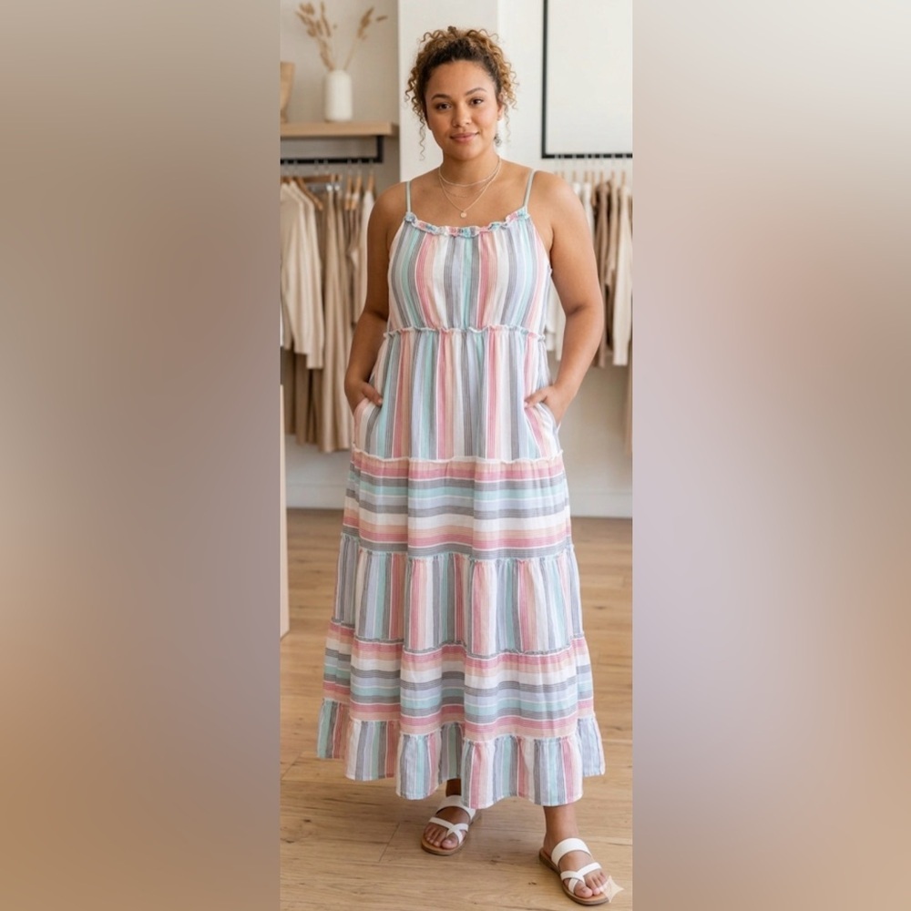 Jessica Simpson Cotton/Linen Size L Pastel Striped Maxi Dress - Picture 1 of 8